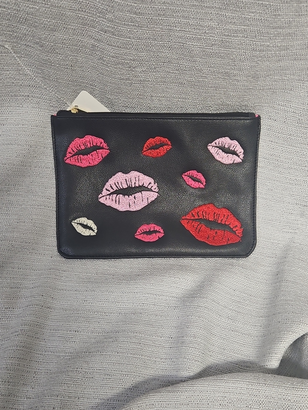 Women’s Black Leather Kiss-Appliqué Pouch